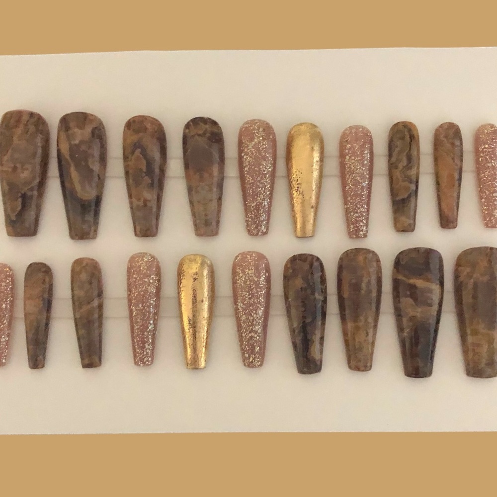 Handmade Custom Press on Nails Long Coffin UV Gel Brown Tan Marble Gold Metallic - Picture 7 of 9